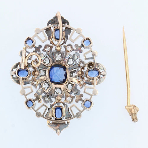 Pendentif Bijou ancien - Broche/Pendentif transformable en or jaune et argent, saphirs et diamants 58 Facettes 22-062