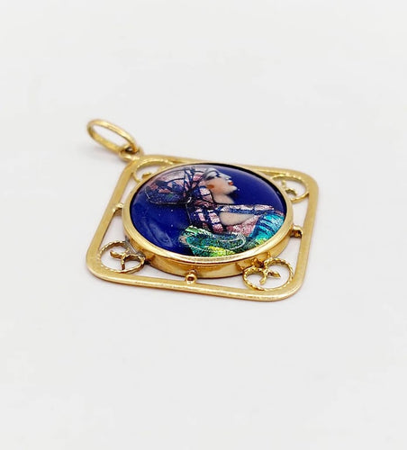 Pendentif Art nouveau - Pendentif en or 18k avec plaque émaillée Limoges 58 Facettes A06402