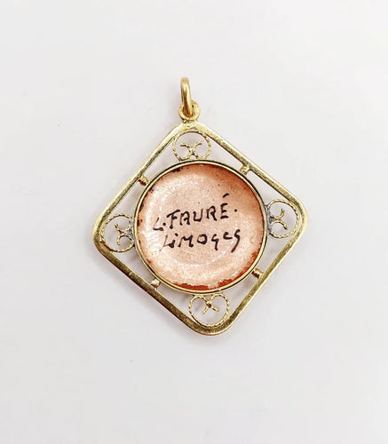 Pendentif Art nouveau - Pendentif en or 18k avec plaque émaillée Limoges 58 Facettes A06402