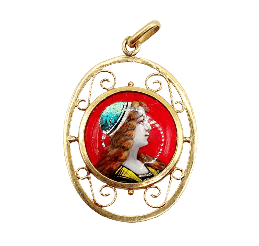 Pendentif Bardonnaud Limoges - Pendentif Art nouveau en or 18k, plaque émaillée 58 Facettes A06401