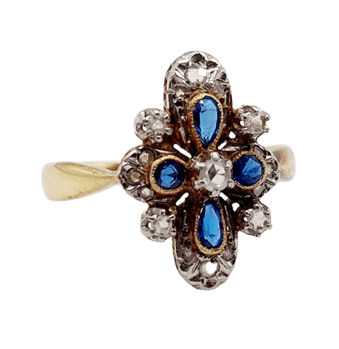Bague 55 Bague duchesse antique en or 18k et platine, diamants taille rose et pierres bleues 58 Facettes A06416