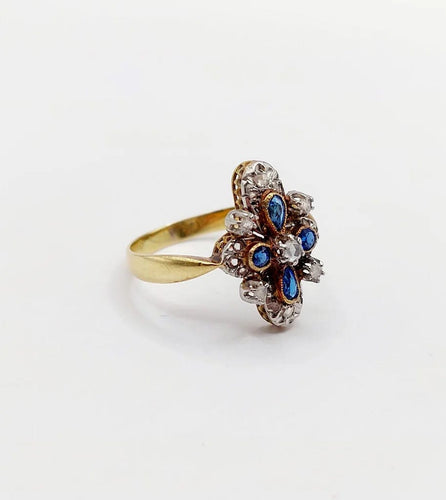 Bague 55 Bague duchesse antique en or 18k et platine, diamants taille rose et pierres bleues 58 Facettes A06416