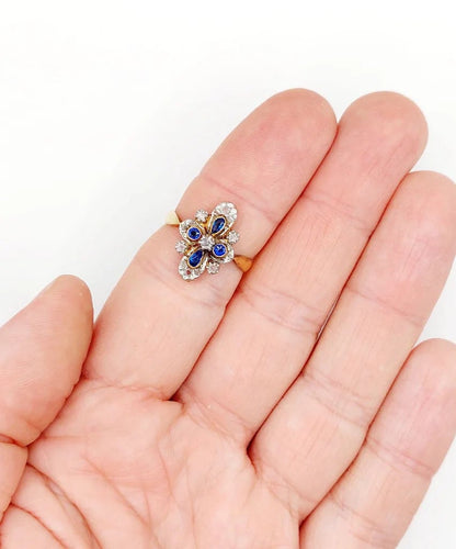 Bague 55 Bague duchesse antique en or 18k et platine, diamants taille rose et pierres bleues 58 Facettes A06416