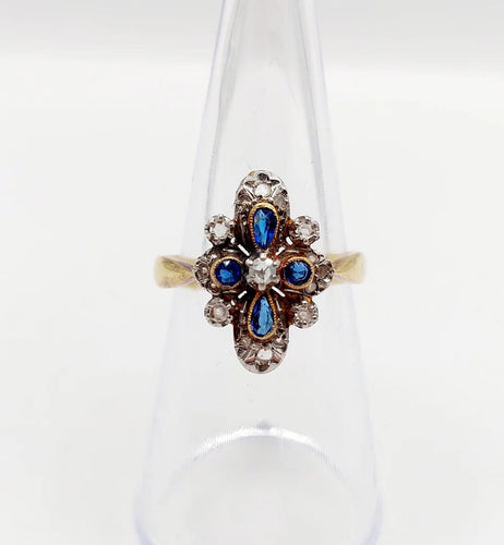 Bague 55 Bague duchesse antique en or 18k et platine, diamants taille rose et pierres bleues 58 Facettes A06416