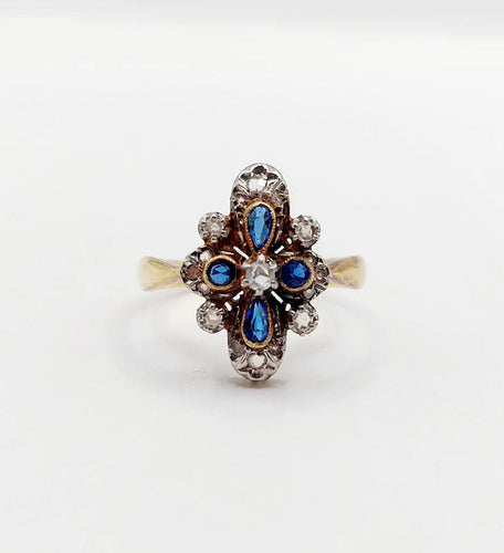 Bague 55 Bague duchesse antique en or 18k et platine, diamants taille rose et pierres bleues 58 Facettes A06416