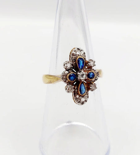 Bague 55 Bague duchesse antique en or 18k et platine, diamants taille rose et pierres bleues 58 Facettes A06416