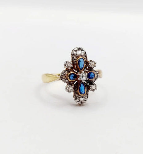 Bague 55 Bague duchesse antique en or 18k et platine, diamants taille rose et pierres bleues 58 Facettes A06416