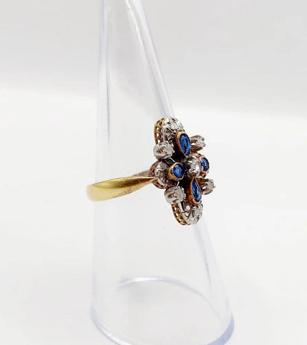 Bague 55 Bague duchesse antique en or 18k et platine, diamants taille rose et pierres bleues 58 Facettes A06416