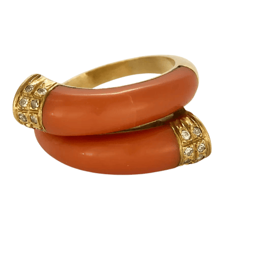 Bague 54 Bague en or jaune 750 sertie de cabochons de corail et diamants 58 Facettes LP1403/