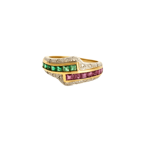 Bague 54 Bague cocktail en or jaune et blanc avec émeraudes, rubis et diamants 58 Facettes LP975/13