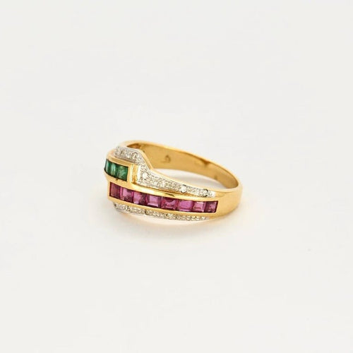 Bague 54 Bague cocktail en or jaune et blanc avec émeraudes, rubis et diamants 58 Facettes LP975/13