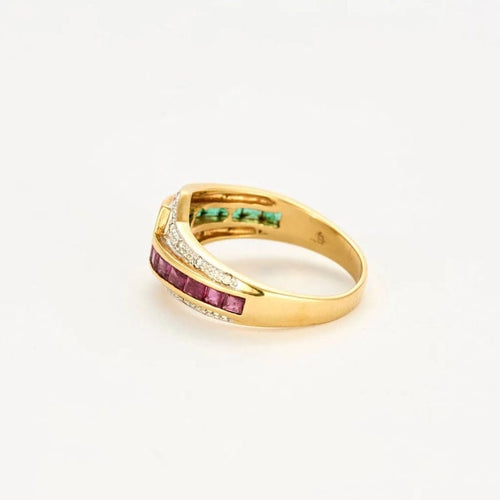 Bague 54 Bague cocktail en or jaune et blanc avec émeraudes, rubis et diamants 58 Facettes LP975/13