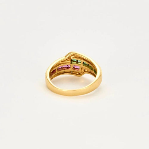 Bague 54 Bague cocktail en or jaune et blanc avec émeraudes, rubis et diamants 58 Facettes LP975/13
