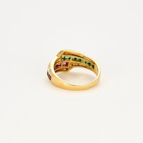 Bague 54 Bague cocktail en or jaune et blanc avec émeraudes, rubis et diamants 58 Facettes LP975/13