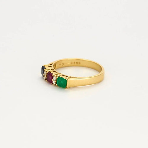 Bague 54 Alliance cocktail - Bague en or jaune 18 carats, saphir, rubis, émeraude et diamants 58 Facettes LP957/13