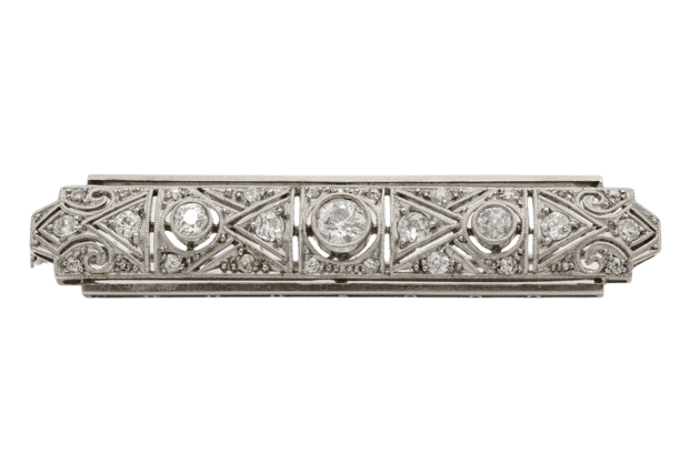 Brooch Art Deco in white gold and platinum diamonds, 1930s. 