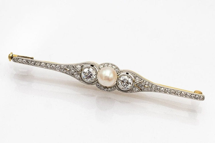 Broche Broche en or jaune 18 carats et platine avec diamants 0,95 ct et perle 58 Facettes 10611