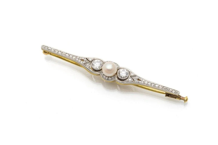 Broche Broche en or jaune 18 carats et platine avec diamants 0,95 ct et perle 58 Facettes 10611