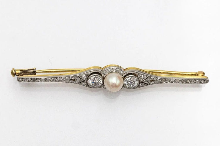 Broche Broche en or jaune 18 carats et platine avec diamants 0,95 ct et perle 58 Facettes 10611