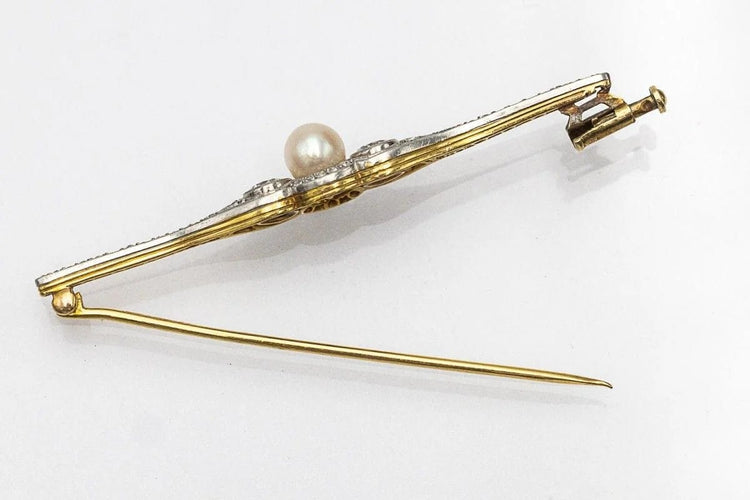 Broche Broche en or jaune 18 carats et platine avec diamants 0,95 ct et perle 58 Facettes 10611