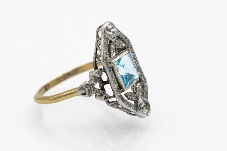 Bague 55 Art Déco - Bague en or jaune, platine, aigue-marine et diamants 58 Facettes 9831