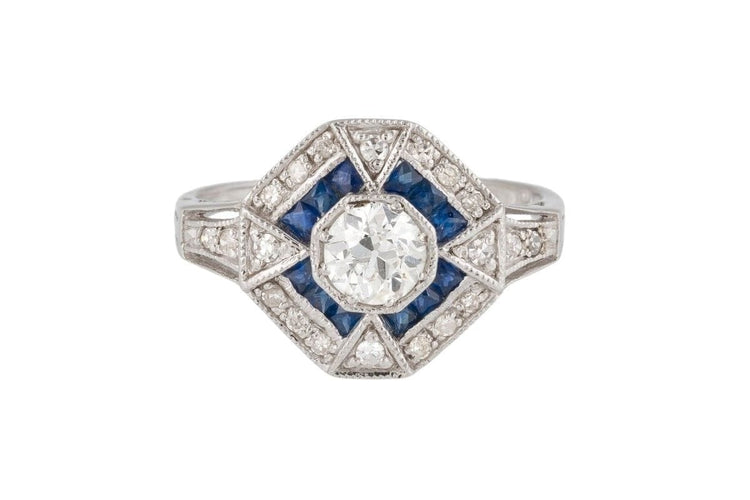 Bague 53 Bague Art déco en or blanc 14 carats avec diamants et saphirs 58 Facettes 10488