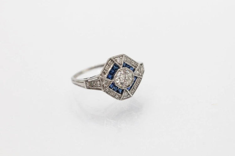 Bague 53 Bague Art déco en or blanc 14 carats avec diamants et saphirs 58 Facettes 10488
