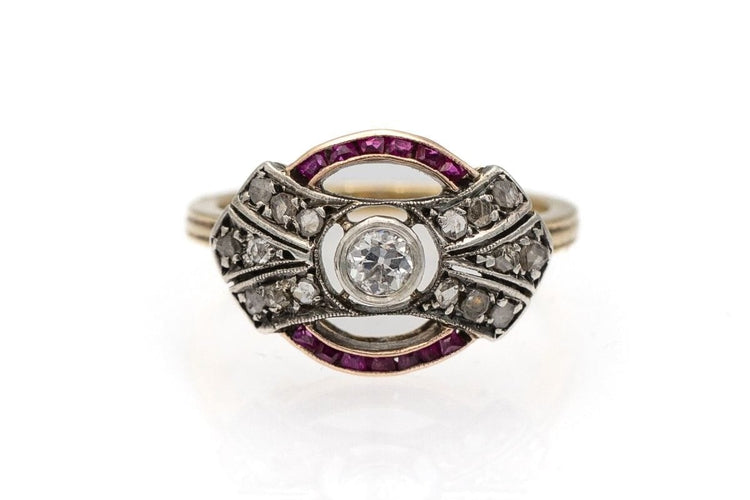 Bague 56 Bague Art déco en or jaune, diamants et rubis synthétiques roses 58 Facettes 9335
