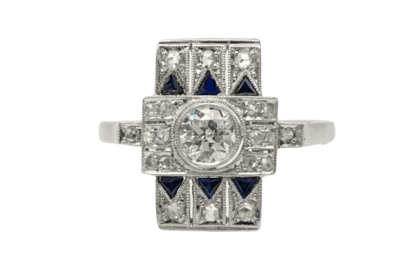 Bague 59 Bague géométrique Art déco en or blanc, platine, diamants et saphirs 58 Facettes 10728