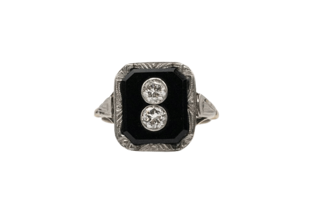 Bague 56 Art déco - Bague en or jaune et blanc, onyx et diamants 58 Facettes 11496