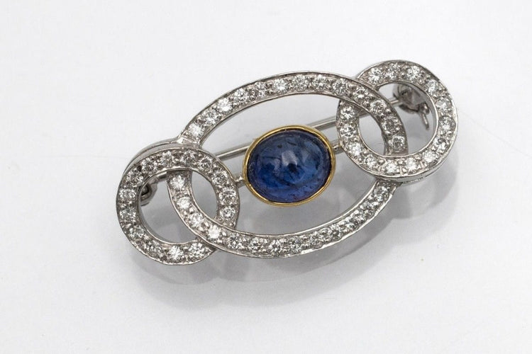 Broche Art Déco - Broche en or blanc, saphir cabochon et diamants 58 Facettes 10835