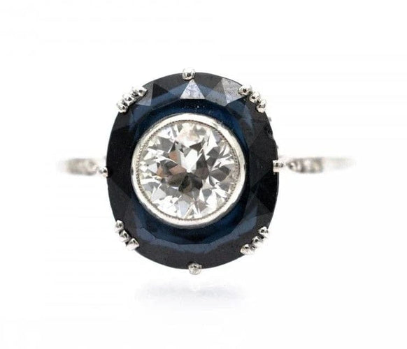 Bague 59 Art déco - Bague en platine avec diamant 0,85 ct et saphir synthétique 58 Facettes 11777