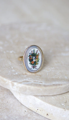 Bague 55 Bague micro-mosaïque bouquet de fleurs en or jaune 58 Facettes