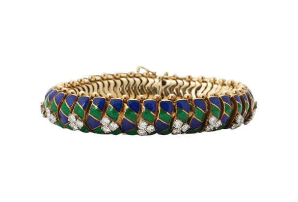 Bracelet Bracelet en or jaune 750/1000, émail bleu et vert, diamants taille brillant 58 Facettes