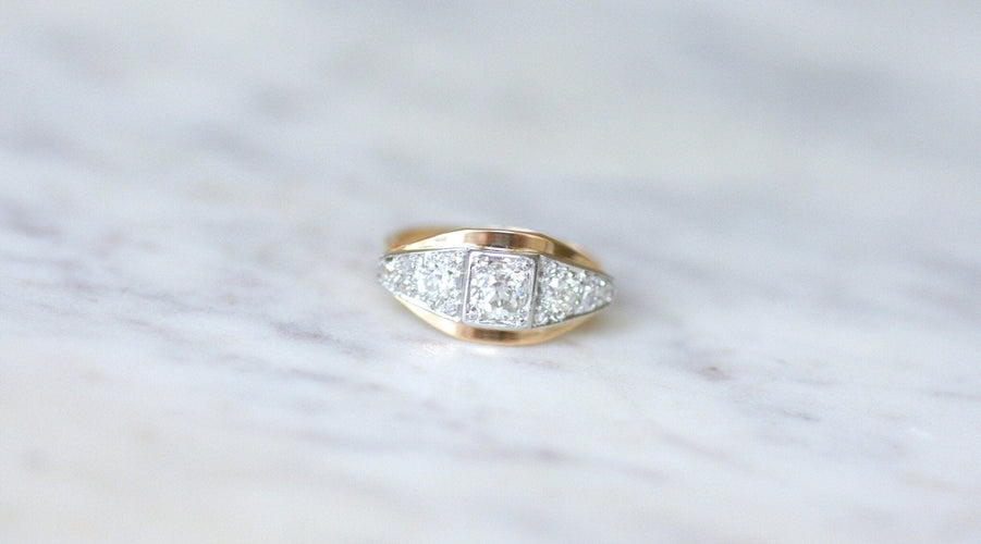 Bague 54.5 Art Déco - Bague bandeau en or rose, platine et diamants 58 Facettes