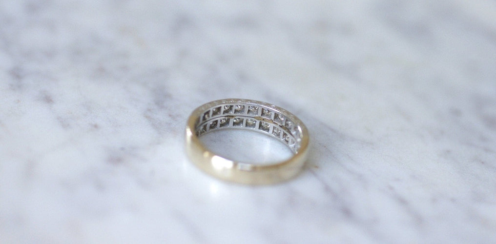 Bague 60 Art Déco - Alliance double anneau en or jaune et platine diamants 58 Facettes