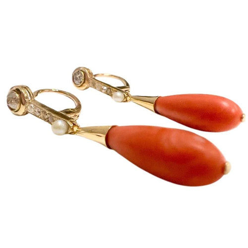 Boucles d'oreilles Boucles d’oreilles Art déco - Or 18 kts avec diamants, perle et corail 58 Facettes Q149B