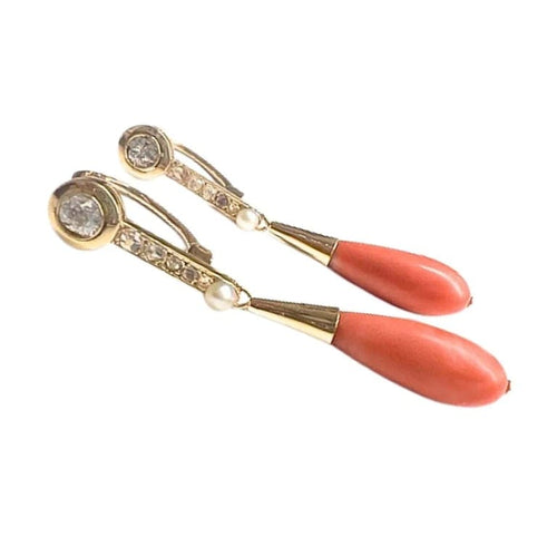 Boucles d'oreilles Boucles d’oreilles Art déco - Or 18 kts avec diamants, perle et corail 58 Facettes Q149B