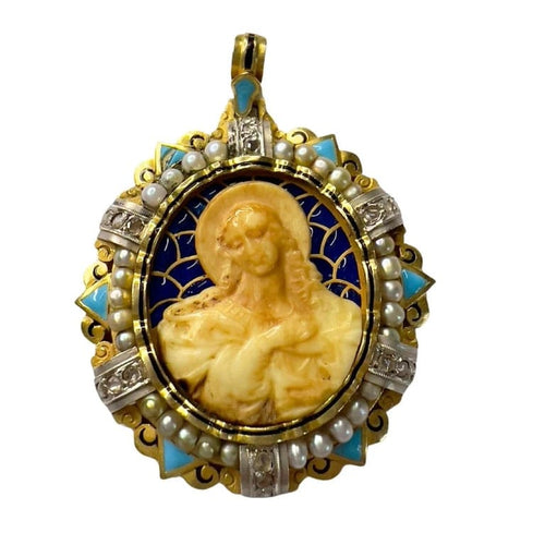 Pendentif Pendentif religieux contemporain en or jaune 18 ct avec diamants et perles 58 Facettes Q344B