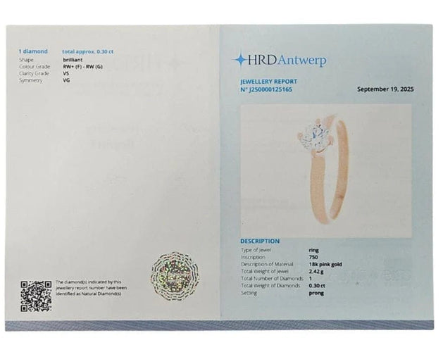 Bague 51 Bague solitaire en or rose 18 carats avec diamant 0,30 ct (HRD) 58 Facettes E30