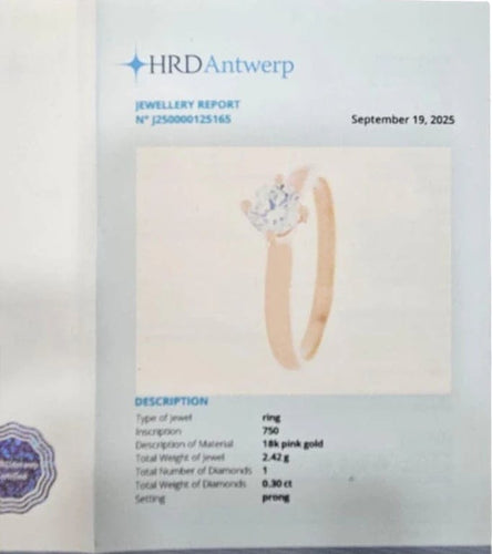 Bague 51 Bague solitaire en or rose 18 carats avec diamant 0,30 ct (HRD) 58 Facettes E30