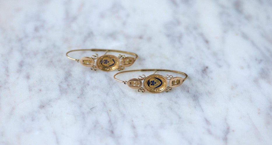 Boucles d'oreilles Poissardes anciennes - Boucles d'oreilles cœur et fleur en or rose et jaune 18 kt 58 Facettes