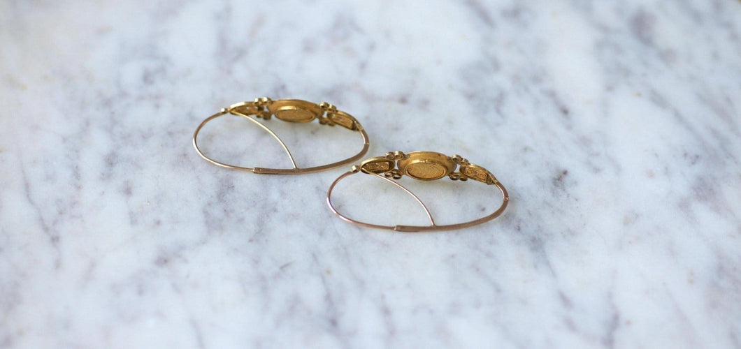 Boucles d'oreilles Poissardes anciennes - Boucles d'oreilles cœur et fleur en or rose et jaune 18 kt 58 Facettes