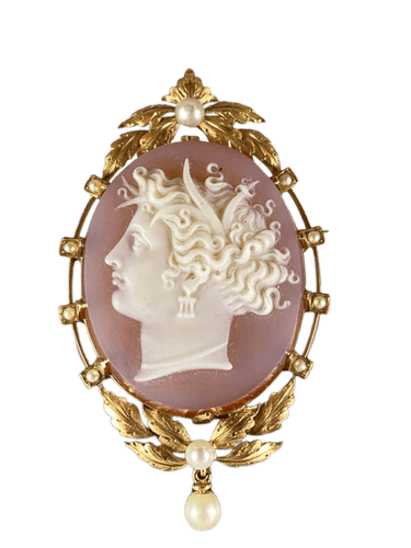 Pendentif Broche pendentif camée en agate en or 18 ct et perles fines 58 Facettes AB40