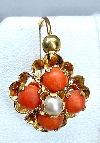 Boucles d'oreilles Parure Napoléon III - Pendentif et boucles d’oreilles en or jaune, corail et perles fines 58 Facettes AB185