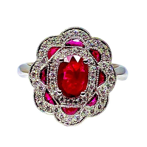 Bague 51 Bague marguerite en or blanc 18 carats rubis et diamants 58 Facettes AB218