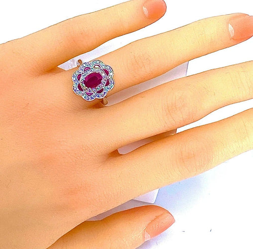 Bague 51 Bague marguerite en or blanc 18 carats rubis et diamants 58 Facettes AB218