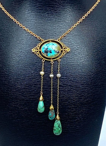 Collier Collier en or jaune 18 carats avec turquoises et perles fines 58 Facettes AB368