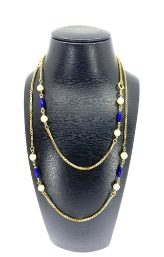 Collier Collier chaîne en or jaune 18 carats, perles et émail bleu 58 Facettes AB377