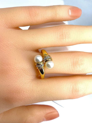 Bague 59 Bague toi et moi en or jaune 18 carats, perles et diamants 58 Facettes AB382